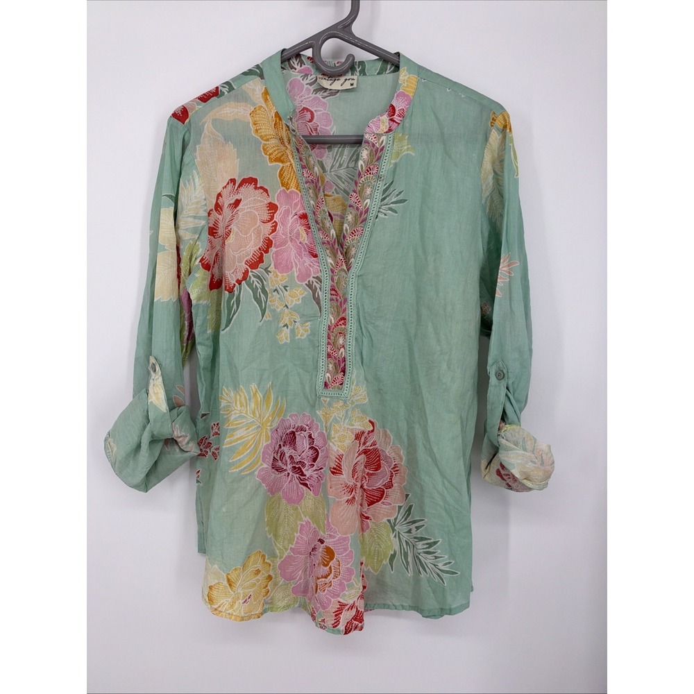 Vintage Goa Floral Green Embroidered Button Down Shirt Size M
